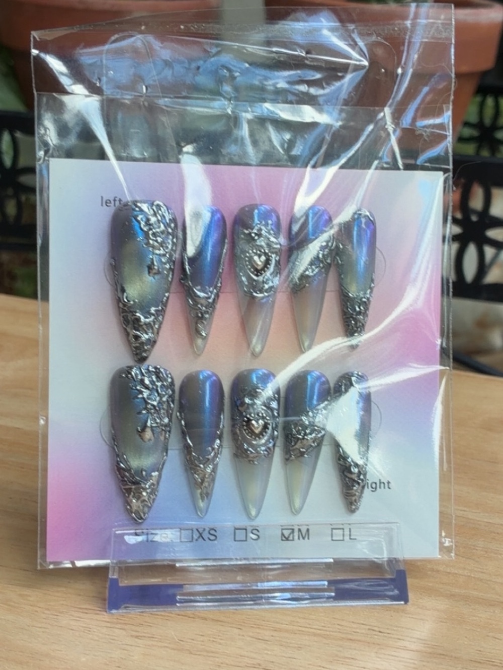 Silver Chrome Metallic Cat Eye Press-On Nails Long Stiletto Cyberpunk Gothic M